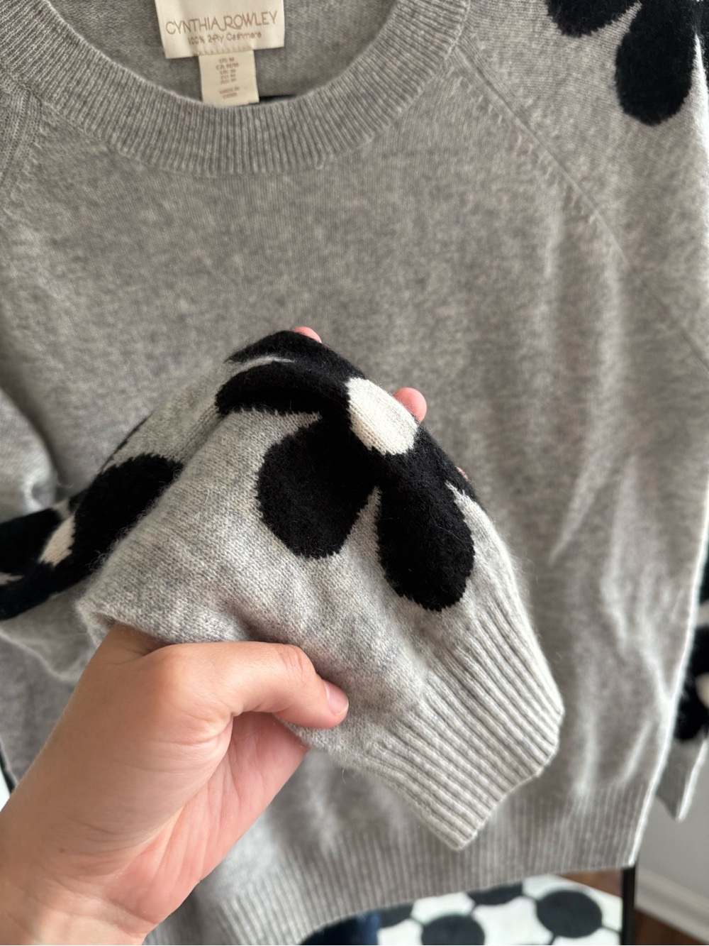 Cynthia Rowley Gray Crewneck Sweater with Black and White Floral Sleeves - Picture 3 of 5